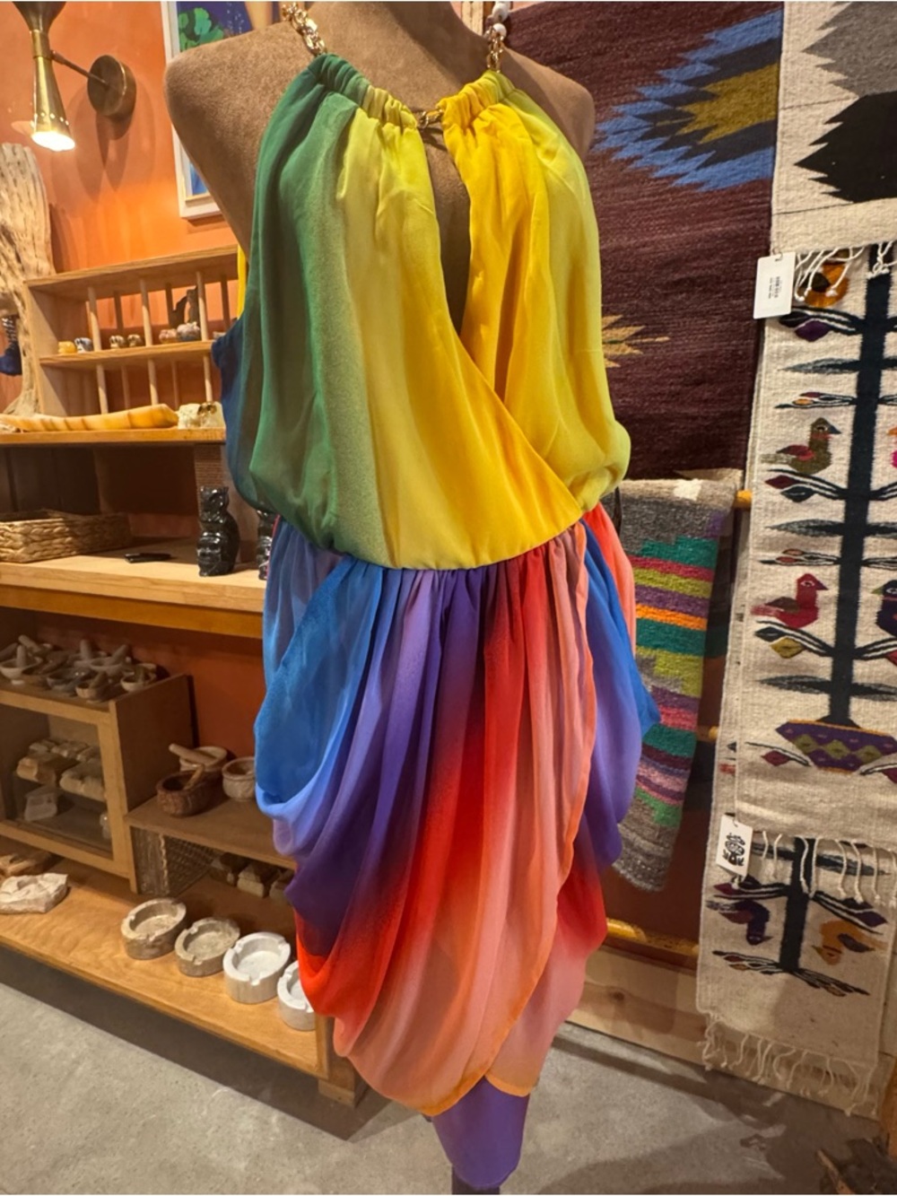 Vibrant Rainbow Halter Dress with Draped Skirt Medium - Picture 15 of 15